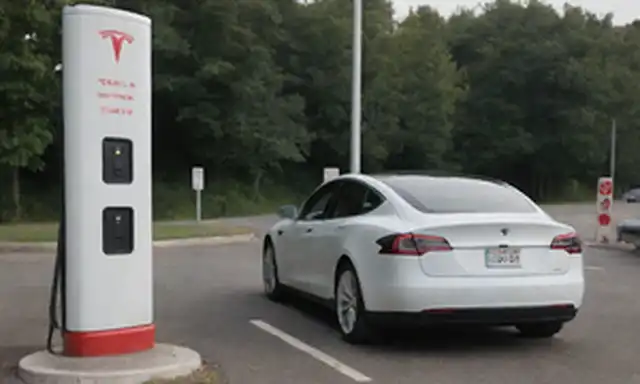 Una estación de carga con un coche Tesla conectado, rodeado de señales de carretera con límites de kilometraje, un medidor eléctrico y un icono de batería con un símbolo de advertencia