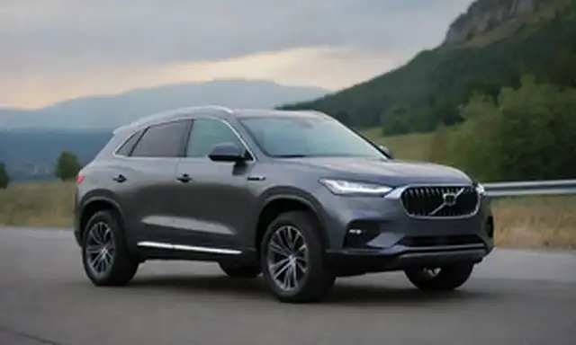 SUV de 3 hojas con diseño elegante, líneas angulares, parrilla prominente, faros LED, arcos de rueda audaces, neumáticos gruesos, y un spoiler sutil; paisaje circundante podría ser una calle de la ciudad, carretera o estacionamiento
