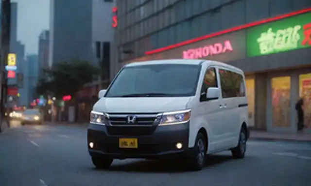 2024 Honda N-Van e compacta furgoneta eléctrica con puertas correderas, estacionada en una calle de la ciudad japonesa, rodeada de luces de neón y arquitectura moderna, destacando su elegante diseño y atractivo urbano, con una sutil sonrisa en su parrilla frontal, transmitiendo un sentido de amabilidad y acercamiento