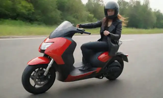 Scooter eléctrico con diseño elegante, esquema de color brillante, y estética deportiva, montando en una carretera recta, sol brillando en el fondo, jinete en movimiento, viento fluyendo a través del pelo, velocímetro mostrando alta velocidad