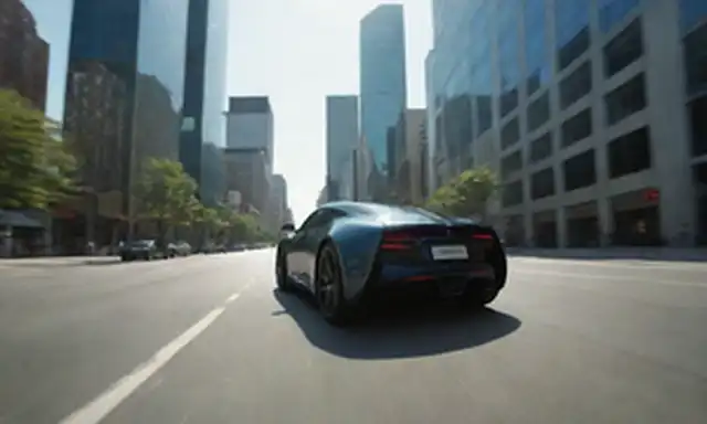 Vehículo eléctrico de 2 ruedas, diseño elegante, ambiente urbano, iluminación diurna, piloto en movimiento, paisaje urbano, caminos suaves, sombras sutiles, colores vibrantes, atmósfera energética, composición dinámica, perspectiva llamativa