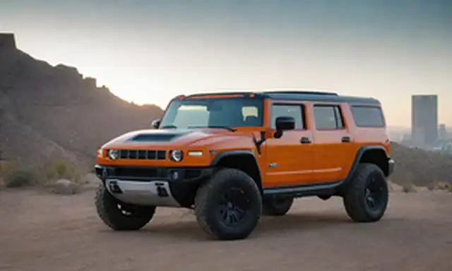 2022 SUV eléctrico Hummer EV en una posición audaz, frente a frente con líneas afiladas y focos agresivos, iluminados por la cálida luz solar en un terreno accidentado, con un paisaje urbano en el fondo, transportando modernidad en medio del desierto, rodeado de un halo de luz