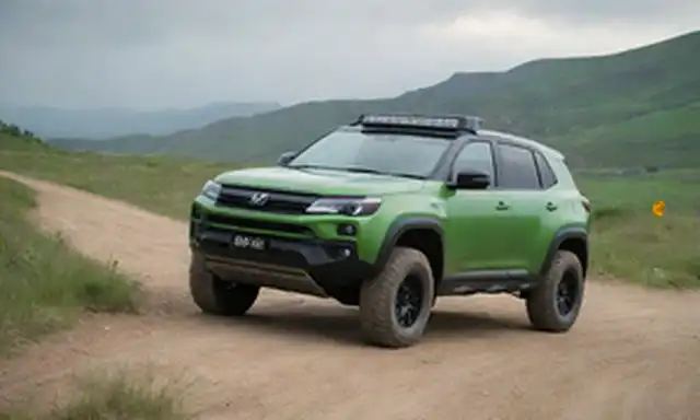 4x4 vehículo con diseño elegante, motor eléctrico, puerto de carga, faros LED, rejilla audaz, terreno robusto, carretera abierta, luz solar, entorno verde, paisaje urbano