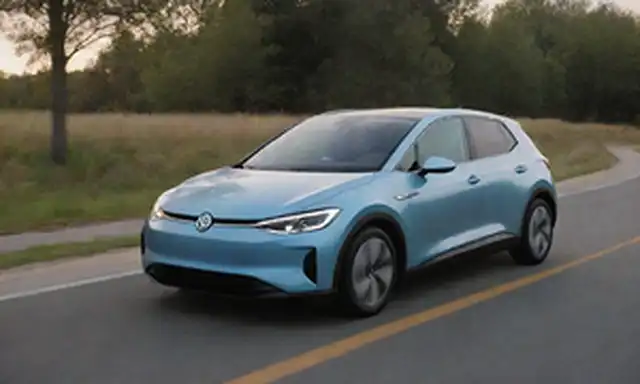 2023 Volkswagen ID3 frontal fascia, líneas elegantes, faros LED, parrilla rediseñado, contornos aerodinámicos, arrugas sutiles, acentos cromáticos, diseño futurista, enfoque minimalista, tacos de estilo eléctrico