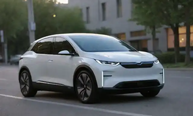 Un moderno vehículo eléctrico, con un diseño elegante y futurista, de pie en una calle urbana, rodeado de árboles y luces de la ciudad, con un brillante esquema de color, destacando sus nuevas características y espacio interior ampliado, mostrando asientos lujosos para siete personas