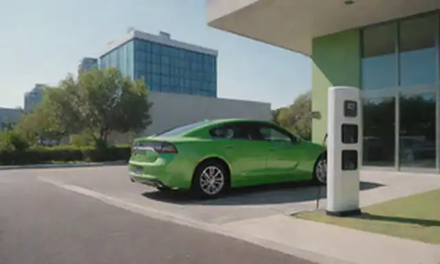 Un hogar moderno con un estacionamiento, vehículo eléctrico estacionado y carga, una persona enchufado en el cargador, un JuiceBox verde y elegante, un fondo brillante y soleado, un toque sutil de un paisaje urbano en la distancia