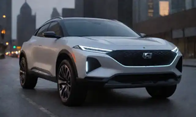 3/4 vista frontal de un SUV eléctrico elegante y futurista con líneas atrevidas, brillante trabajo de pintura metálica, faros LED y luces diurnas, acentos cromáticos en parachoques y parrilla, amplio techo de cristal, estacionado en un moderno entorno urbano con rascacielos y fondo de paisaje urbano, ambiente nocturno con faros iluminando el entorno