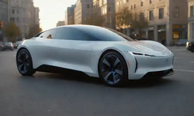 Un coche blanco elegante y eléctrico con un diseño futurista, estacionado en una calle de la ciudad al atardecer, con un cielo azul brillante en el fondo, una escena urbana ocupada con gente caminando por, y un foco sutil brillando en el vehículo