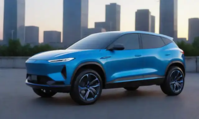 Ilustración 3D de SUV elegante y futurista con acentos azules eléctricos, situado en un escenario de paisaje urbano al atardecer, con toques de vegetación y un resplandor sutil alrededor de los bordes de los vehículos, transportando innovación y sostenibilidad