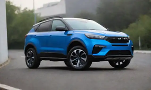 2 puertas SUV con diseño elegante, faros LED, techo inclinado, rueda de aleación de 5 líneas, trabajo de pintura azul eléctrico, puerto de carga en panel lateral, spoiler trasero deportivo, corte negro mate, estilo exterior futurista