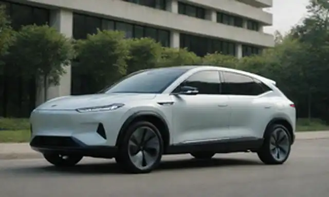 Un SUV elegante y futurista con un tren eléctrico híbrido enchufable, estacionado en una calle de la ciudad, rodeado de vegetación, bajo luz natural, con un diseño minimalista estético, destacando sus líneas aerodinámicas y colores atrevidos