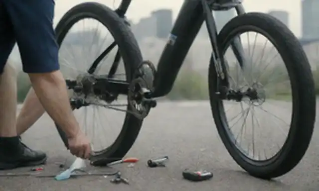 Un disparo de cerca de una persona que inspecciona o limpia una bicicleta eléctrica