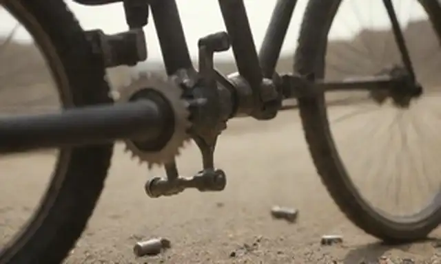 Un primer plano de una bicicleta con mecanismos expuestos, pedales que se mueven en movimiento, fondo borroso, luz solar que refleja partes metálicas, polvo y suciedad acumulando en áreas descuidadas, una mano que sostiene una llave o destornillador en primer plano