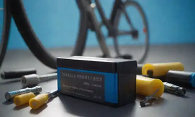 Un disparo de cerca de una batería de bicicleta con componentes internos visibles, rodeado de diversas herramientas y materiales de limpieza, contra un fondo brillante y bien iluminado, con sombras destacando las texturas y detalles de los objetos, en medio de un sutil gradiente de tonalidades azules y grises