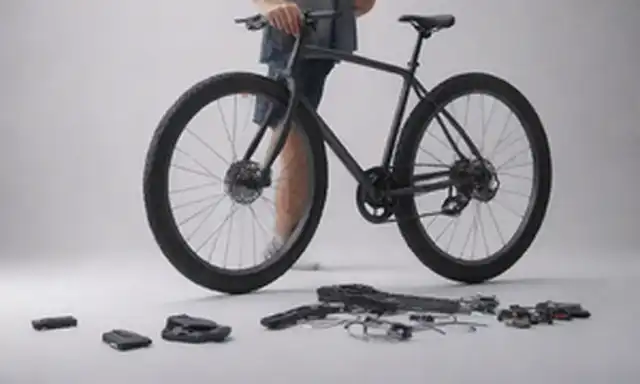 ilustración 3D de una persona en un entorno casual, sosteniendo y examinando un e-bike, con algunos componentes eliminados o expuestos, como neumáticos, pedales, encadenamiento y frenos, en un fondo plano con sombras sutiles y relieves