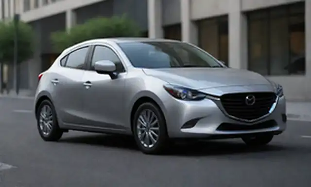 3D render of a Mazda2 Hybrid sedan or hatchback with sleek design, exterior colors like silver or white, LED headlights and taillights, alloy wheels, bold lines and curves, contrasting black or dark acentos, futuristic look, sutil híbrido badging or stickers, parked on a city street or highway