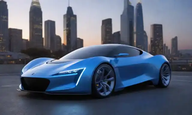 3D render of a sleek, futuristic car, electric blue and silver color scheme, bold lines and curves, sutil LED lights on sides, dynamic pose with wheels spinning, hint of cityscape in background, high-tech detailing around logo on hood, sun setting or city lights at dusk