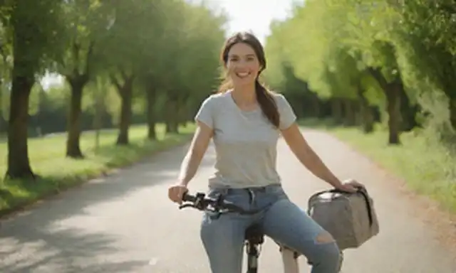 Una mujer ciclismo en un parque, sonriendo, usando ropa casual, con una expresión relajada, sentado en una bicicleta eléctrica plegable doblada con pannier, contra un fondo soleado brillante con vegetación y cielos azules