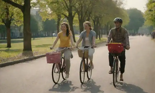 2-4 personas montando bicicletas con panniers en un camino soleado, paisaje urbano en el fondo, mujeres y hombres diversas edades y habilidades, una persona con un apego de asiento infantil, colores brillantes, paisaje urbano