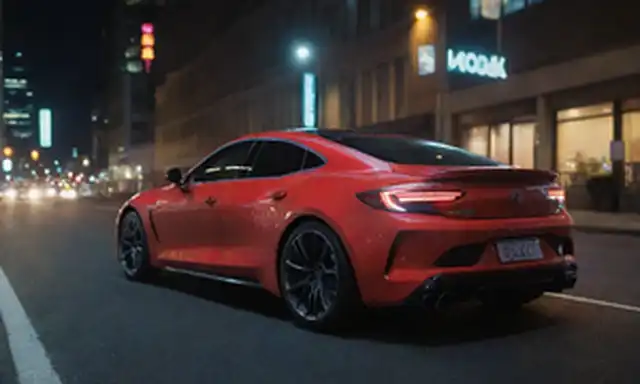5 puertas hatchback, diseño elegante, líneas atrevidas, forma aerodinámica, faros futuristas, luces traseras LED, ruedas deportivas de aleación, posación dinámica, fondo urbano, paisaje urbano por la noche, luces de neón