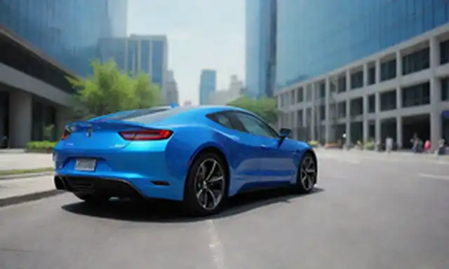 coche azul eléctrico, cable de carga, paisaje urbano, soleado día, estacionado en la calle, diseño futurista, líneas elegantes, colores atrevidos