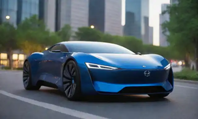 Un vehículo elegante y futurista con líneas curvas, acentos azules eléctricos y luces brillantes en una calle de la ciudad al atardecer, con un fondo borroso de rascacielos, rodeado de vegetación exuberante, que transmite innovación y sostenibilidad