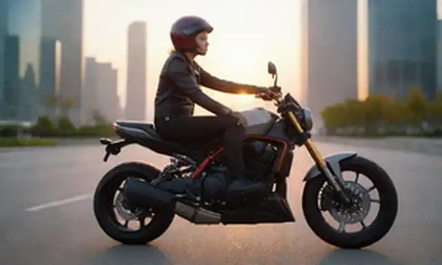 Una motocicleta compacta, diseño elegante, características modernas, almacenamiento de equipaje, diseño innovador, colores audaces, estilo futurista, jinete sentado en bicicleta, paisaje urbano o fondo urbano, puesta del sol o luz brillante, pose dinámica, gadgets de alta tecnología