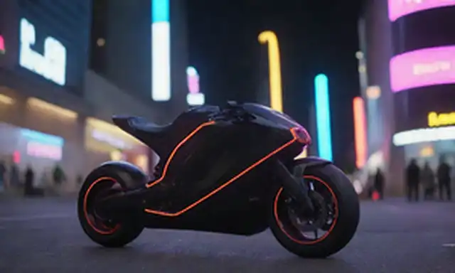 Un futurista paisaje urbano con motocicleta elegante y aerodinámica