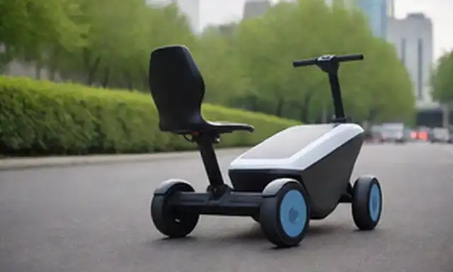 Vehículo de 2 ruedas con diseño elegante, tamaño compacto, marco plegable, compartimento de almacenamiento en la parte trasera, luces LED, esquema de color moderno, aspecto futurista, entorno urbano, tal vez calle ciudad o parque, no distracciones, centrarse en el producto en sí mismo