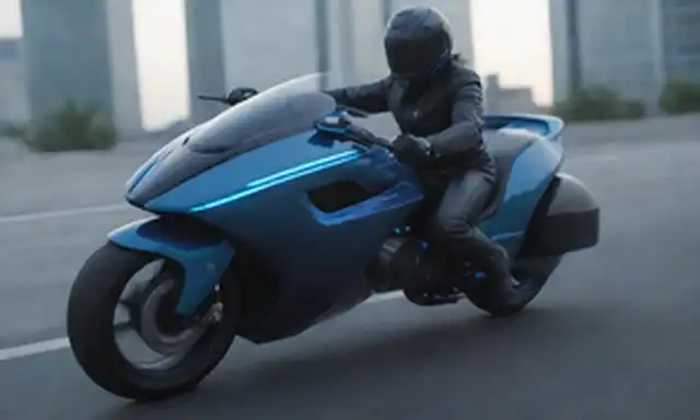 3D rendering of a sleek, futuristic Motorcycle with gull-wing doors, brighting blue lines tracing its body, a retractable handlebar, and a compact bag compartimento sliding out from the back, against a cityscape or urban background, with a hint of light trails and movement