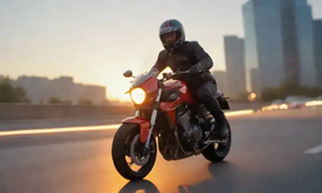 2 ruedas, diseño elegante, paisaje urbano, fondo de puesta del sol, motociclista montando con confianza, lenguaje corporal relajado, cabello barrido por el viento, faros brillantes, movimiento dinámico borroso, colores de alto contraste