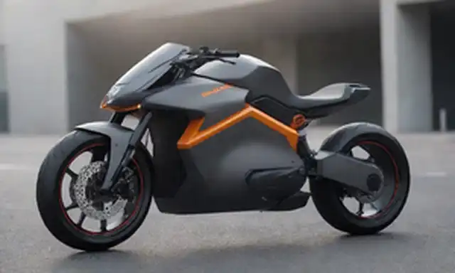 Una motocicleta eléctrica de aspecto futurista con un diseño elegante, un esquema de color brillante y atrevido, una pantalla de pantalla prominente en el panel de mando, un tanque de combustible de largo alcance, tubos de escape de alto rendimiento, carrocería aerodinámica, faros afilados, y una posición de conducción deportiva
