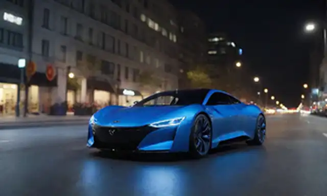 Cuerpo elegante, superficie metálica, curvas suaves, acentos azules eléctricos, diseño futurista, luces LED iluminadas, posición dinámica en una calle de la ciudad al atardecer, fondo sutil borroso