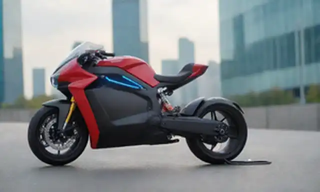 una elegante y moderna moto eléctrica con un diseño minimalista, líneas afiladas y colores audaces, mostrada en un entorno brillante y aireado, tal vez contra un paisaje urbano o un fondo futurista, destacando sus características tecnológicas avanzadas, tales como luces LED elegantes y medidores futuristas