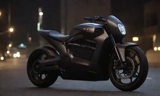 diseño elegante, moderno, paisaje urbano, escena nocturna, motocicleta Ioniq Q, faros iluminados, tiras LED, cuerpo metálico, fondo oscuro, sombras sutiles, características de alta tecnología, vibración futurista