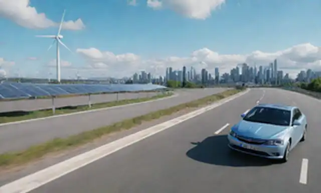 ilustración 3D de futurista paisaje urbano con motores magnéticos integrados en edificios, turbinas eólicas generando electricidad en el fondo, un coche con ruedas eléctricas y paneles solares en tejados, rodeado de cielo azul con nubes
