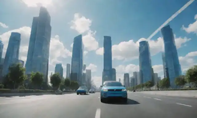 3D rendering of a futuristic cityscape with sleek skyscrapers and electric vehicles in motion