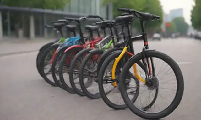Un grupo de bicicletas eléctricas con diferentes colores y diseños, un fondo urbano borroso, cierres de núcleos de rueda motorizados, neumáticos de alto rendimiento, manillares elegantes, pantallas digitales avanzadas