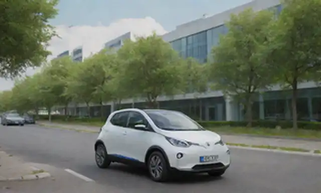 ilustración 3D, coche urbano compacto, motor eléctrico, diseño futurista, cuerpo elegante, paisaje urbano, atmósfera tranquila, cielo azul, árboles verdes, calle de la ciudad, gente caminando por, coches estacionados en el fondo, modelo Silence S04 Nanocar exhibido prominente