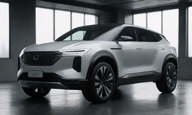 SUV eléctrico de 5 puertas con diseño elegante y aerodinámico, ruedas grandes y faros LED, techo panorámico, pantalla de panel futurista, materiales interiores premium, asiento cómodo para 7 pasajeros, espacio de carga para equipaje