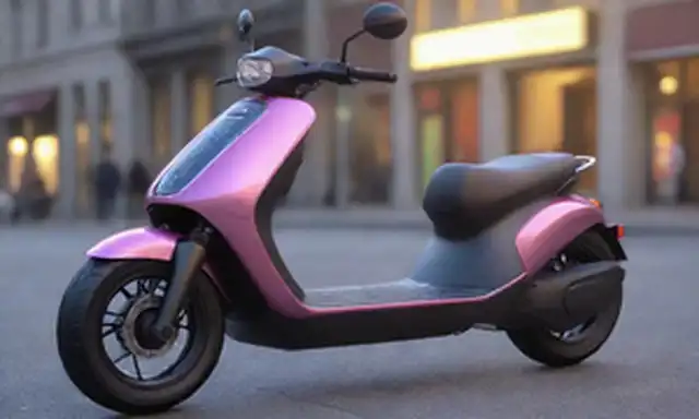 ilustración 3D, scooter eléctrico, diseño elegante, cuerpo metálico, faros LED, líneas futuristas, base de rueda prominente, estilo moderno cuestiones, colores vibrantes