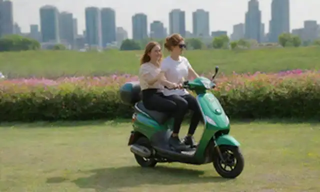 2 personas scooters eléctricos montando lado a lado en un día soleado