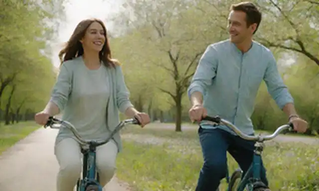 Bicicleta eléctrica de 2 personas con acentos verdes y azules, situada contra un cielo brillante o un fondo exuberante del parque, con una pareja sonriente en atuendo casual, manos sosteniendo y ciclismo juntos, transmitiendo alegría y libertad, en medio de flores o árboles florecientes, destacando la sostenibilidad y la eco-amigo
