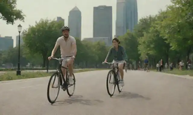 2 bicicletas con diferentes diseños, una con un aspecto elegante moderno, otra con una estética retro; ambos tienen manillar únicos, pedales y ruedas; un paisaje urbano o fondo de parque con vegetación y gente caminando/corriendo alrededor