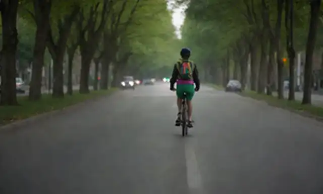 Un ciclista montando una bicicleta con luces brillantes y accesorios coloridos, de pie en una calle tranquila de la ciudad forrada con árboles verdes, scooters estacionados en el fondo, tráfico borroso pasando por, efectos sutiles de la sombra, colores vibrantes, textura suave y composición de captación de atención