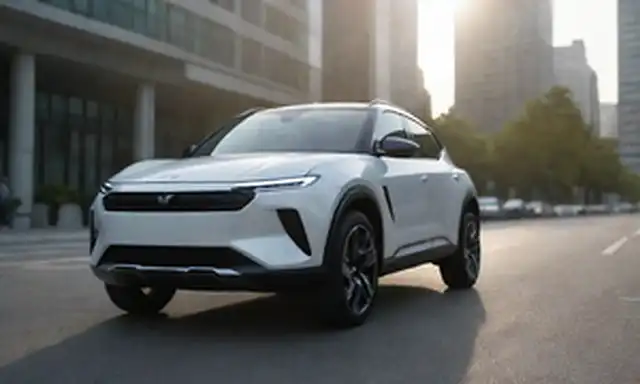 SUV eléctrico de 4 puertas, diseño elegante, parrilla frontal minimalista, faros LED, ruedas futuristas, pose dinámica, paisaje urbano en el fondo, sombras de luz solar de la mañana