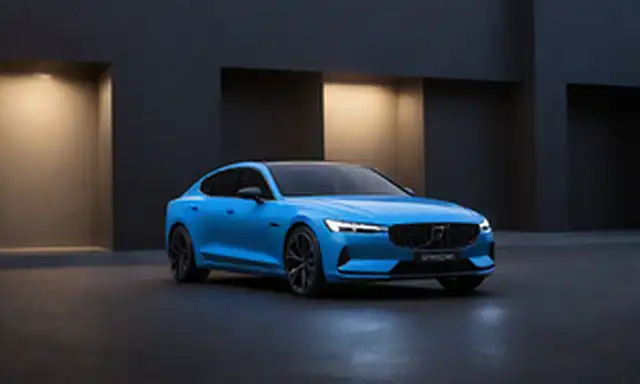 Carro azul eléctrico, diseño elegante, estilo escandinavo, líneas angulares, parrilla minimalista, faros LED, concepto futurista, logotipo de Polestar en frente, vista de tres cuartos, fondo oscuro, iluminación ambiente sutil, características de alta tecnología enfatizadas, pose dinámica