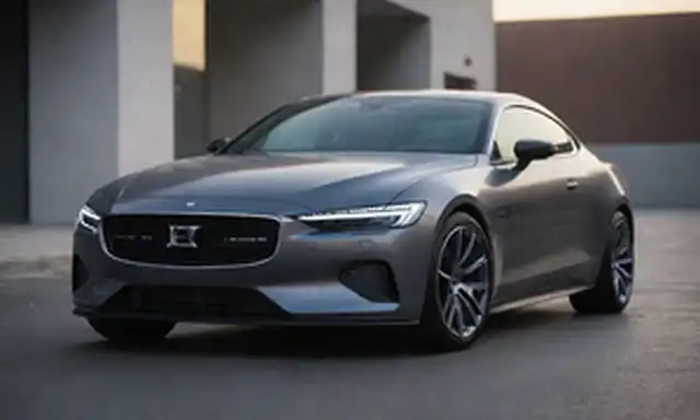Diseño elegante, color gris metálico oscuro, faros LED futuristas, logo Polestar en la parrilla frontal, líneas afiladas y arrugas en el cuerpo, arcos prominentes de rueda, ruedas de aleación grandes con neumáticos de bajo perfil, spoilers aerodinámicos en el techo y la ventana trasera, posición deportiva, apariencia premium