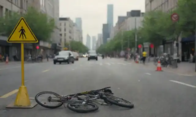 3 bicicletas dispersas en una calle de la ciudad, con una bicicleta rota cerrada a un poste, gente caminando en el fondo, flujo de tráfico caótico, señales de carretera y conos, un gran signo de advertencia amarillo con una X roja, un paisaje urbano borroso en la distancia