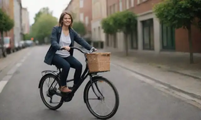 2020 RadRunner e-bike, entorno urbano, calle de la ciudad, carril bici, paseo en persona, pose relajada, sonrisa, ropa casual, colores brillantes, diseño moderno, líneas elegantes, asiento ergonómico, manillar robusto, rack de carga, canastas, rueda trasera, transmisión de una sola velocidad